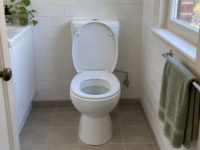 Clean white toilet in a tiled bathroom with a window and towel rail in Tempe