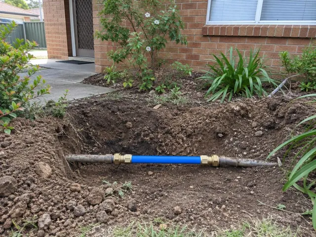 Exposed repaired water pipe section in a garden trench beside a brick house in Wolli Creek